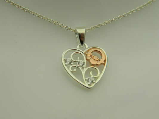 Sterling Silver Claddagh Filigree Heart CZ Pendant & Chain