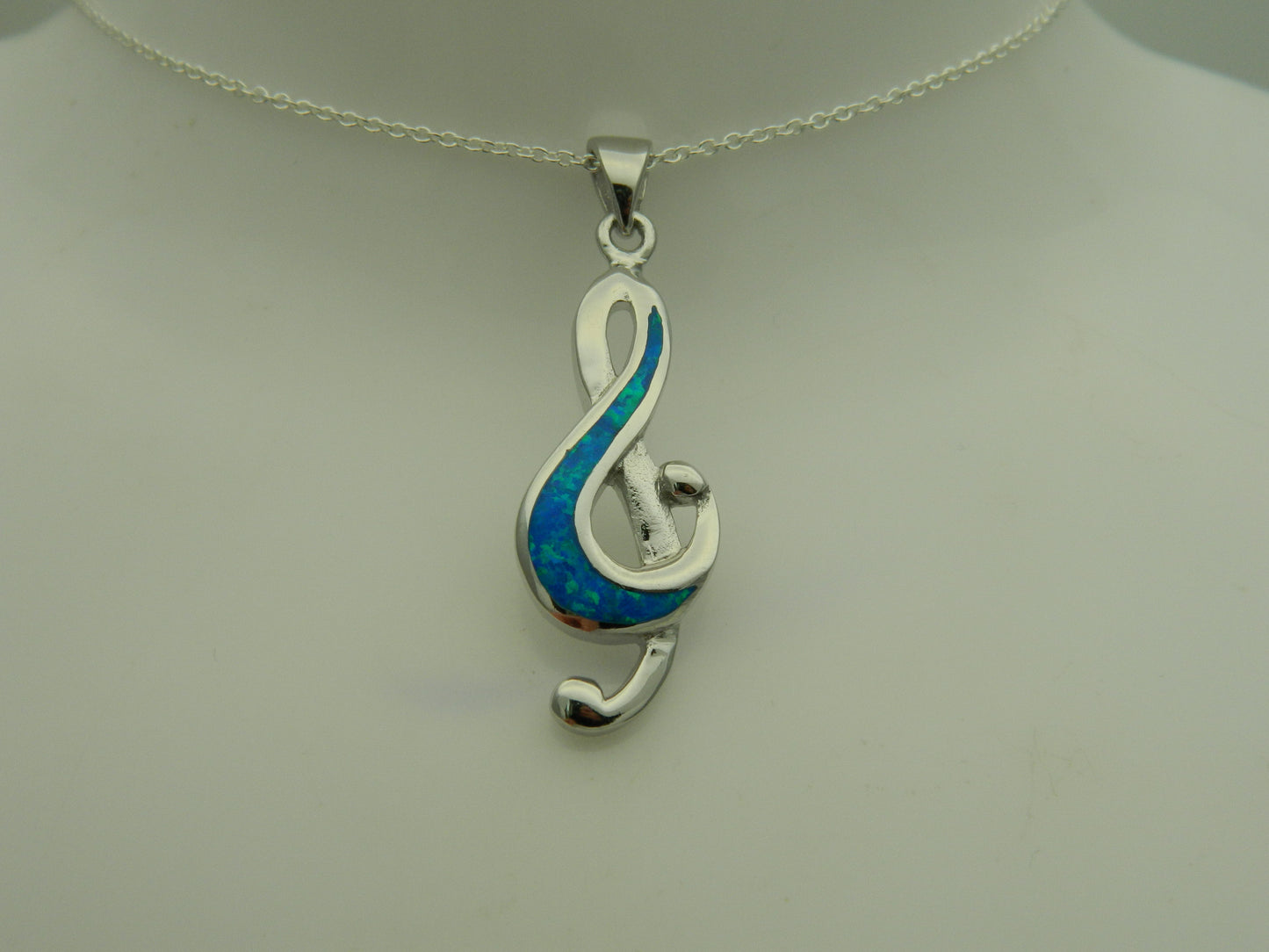 Sterling Silver Blue Opal Treble Clef Pendant & Chain