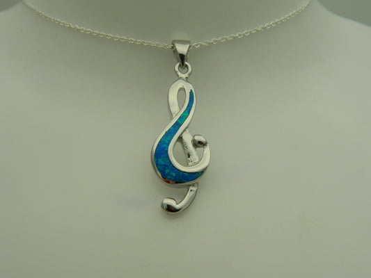 Sterling Silver Blue Opal Treble Clef Pendant & Chain