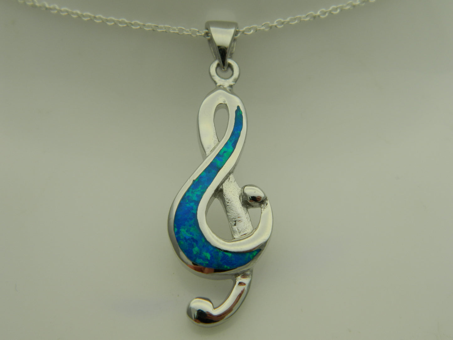 Sterling Silver Blue Opal Treble Clef Pendant & Chain