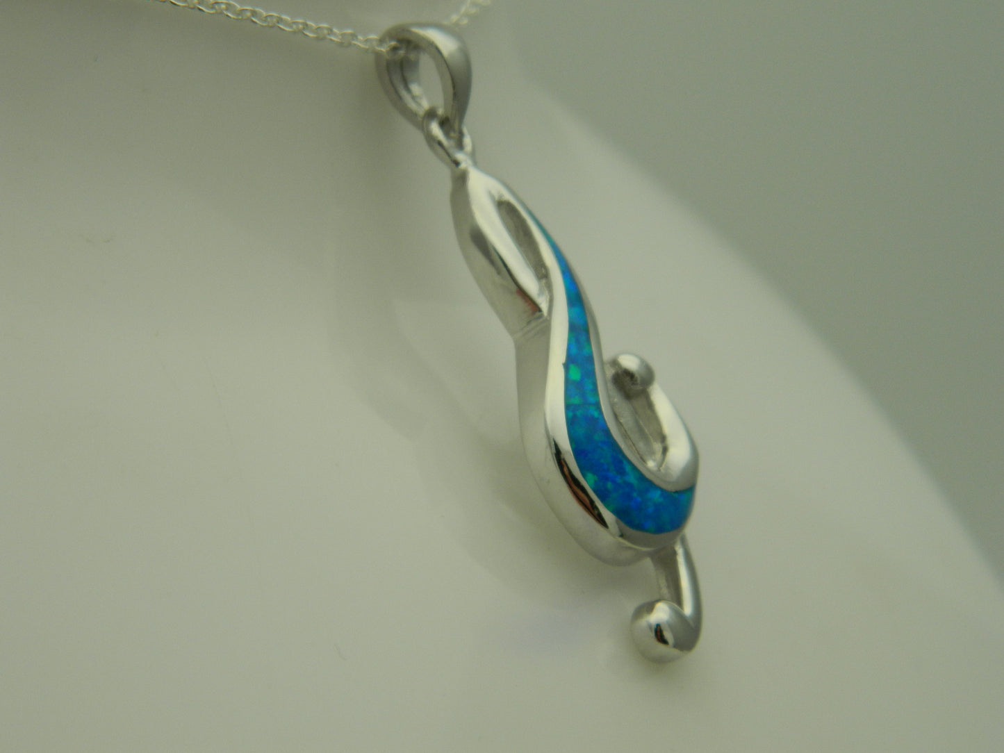 Sterling Silver Blue Opal Treble Clef Pendant & Chain
