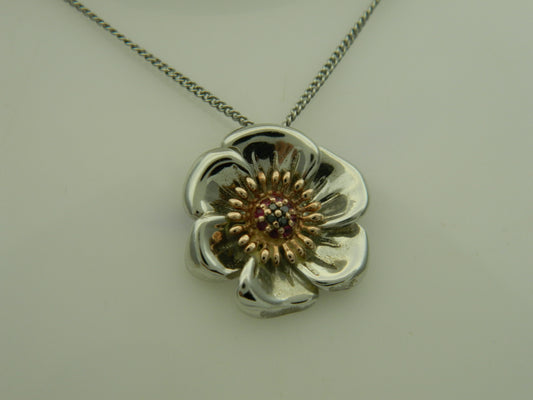 Clogau Sterling Silver & 9ct Rose Gold Welsh Poppy Ruby & Diamond Pendant (pre loved)