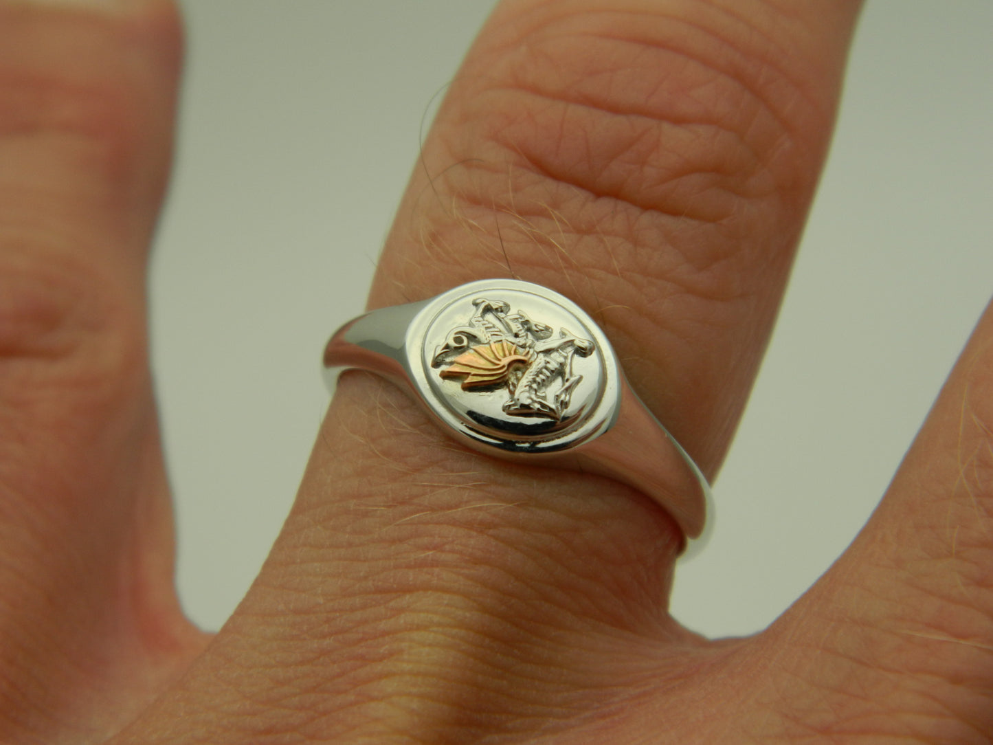 Clogau Sterling Silver & 9ct Rose Gold Unisex Oval Welsh Dragon Ring size P, Q, R, S or T