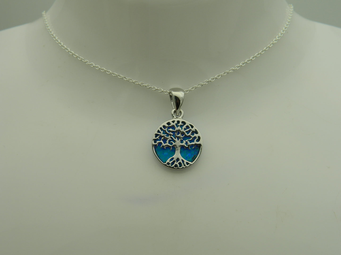 Sterling Silver Blue Opal Tree of Life Circle Pendant & Chain