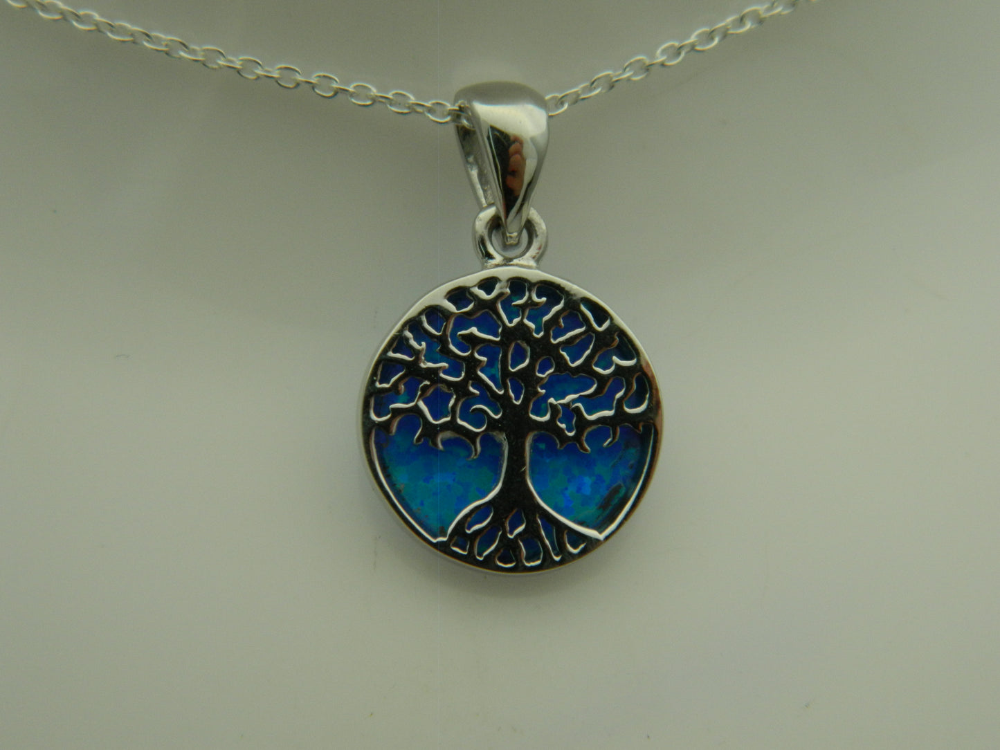 Sterling Silver Blue Opal Tree of Life Circle Pendant & Chain