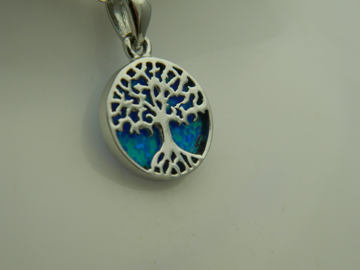 Sterling Silver Blue Opal Tree of Life Circle Pendant & Chain