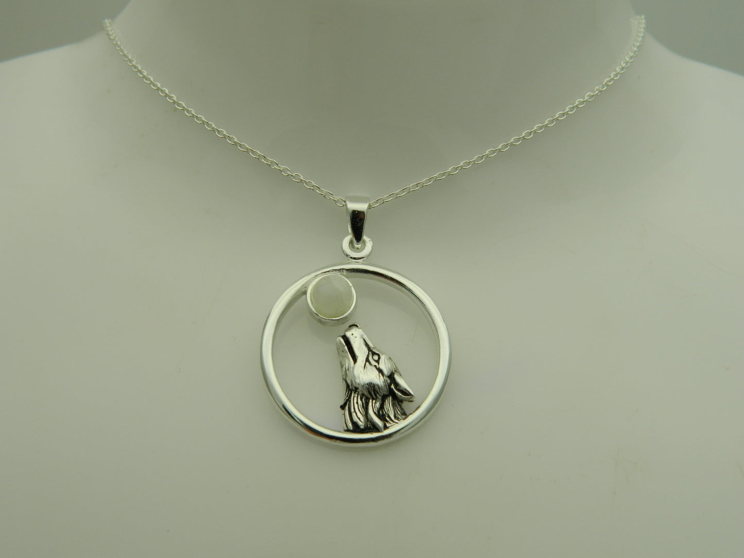 Sterling Silver Howling Wolf Moonstone Pendant & Chain
