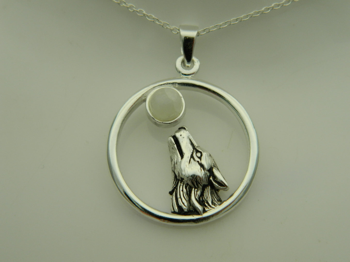 Sterling Silver Howling Wolf Moonstone Pendant & Chain