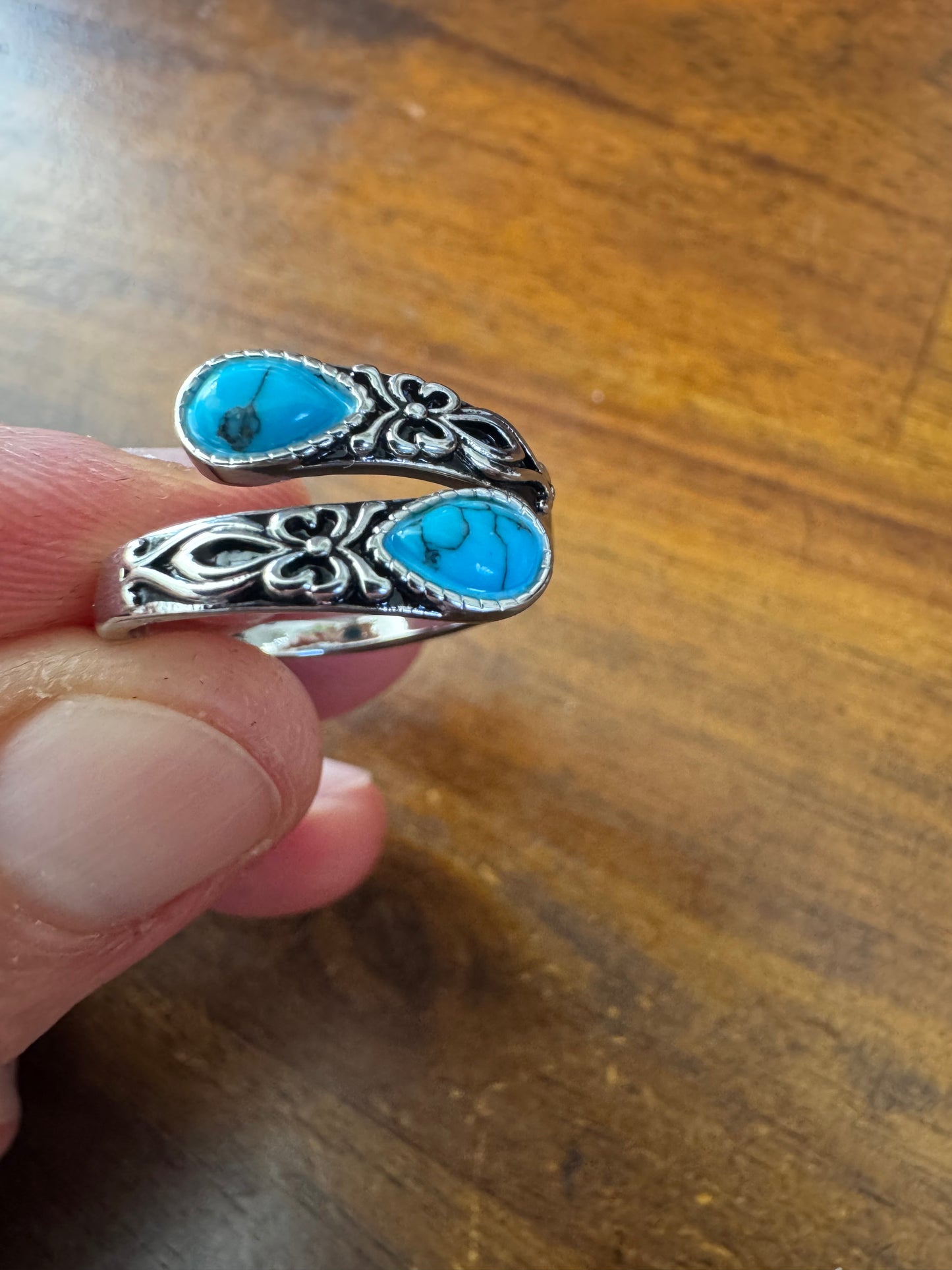 Sterling Silver Teardrop Turquoise Patterned Ring Adjustable P-T