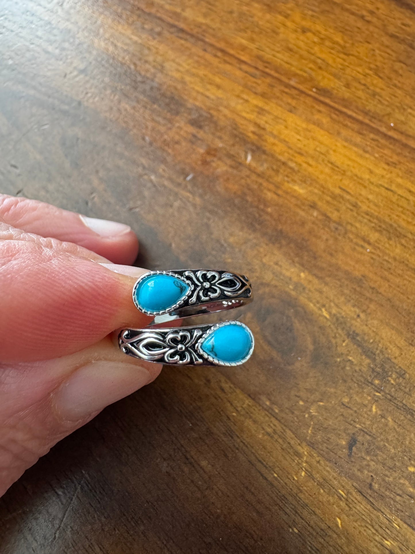 Sterling Silver Teardrop Turquoise Patterned Ring Adjustable P-T