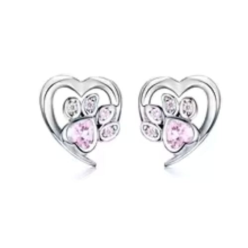 Sterling Silver Pawprints Heart Pink Cubic Zirconia Stud Earrings