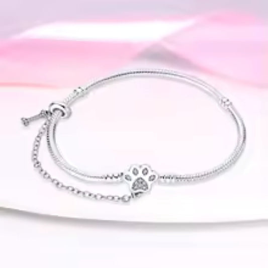Sterling Silver Dog Paw & Bone CZ Snake Chain Bead Charm Bracelet 20cm