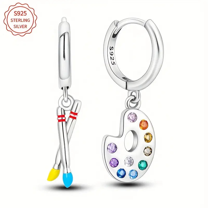 Sterling Silver Asymmetrical Paintbrush & Palette Cubic Zirconia Hoop Drop Earrings