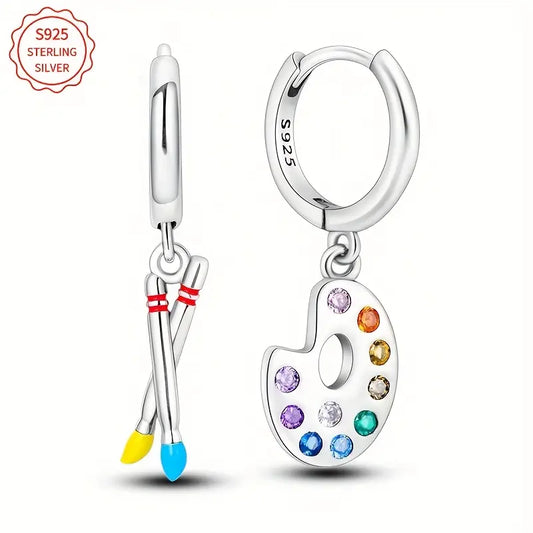 Sterling Silver Asymmetrical Paintbrush & Palette Cubic Zirconia Hoop Drop Earrings