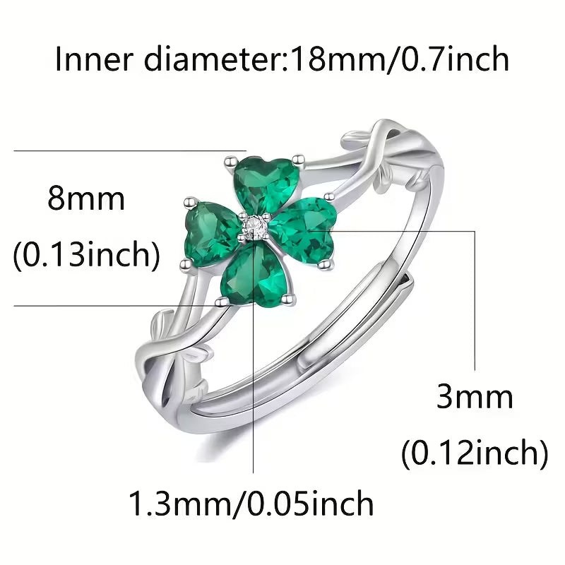 Sterling Silver 4 Leaf Clover Green CZ Ring (Adjustable)