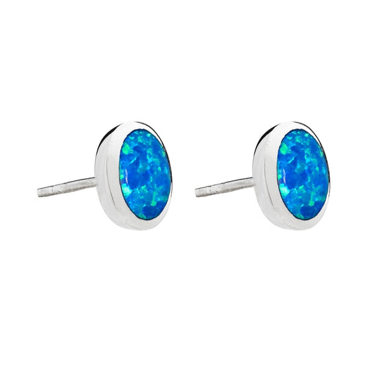 Sterling Silver Round Blue Opal Stud Earrings