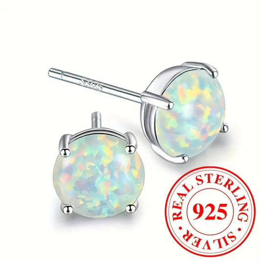 Sterling Silver Round White Opal Stud Earrings