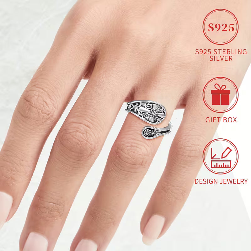 Sterling Silver Cross Patterned Spoon Ring Adjustable N-T