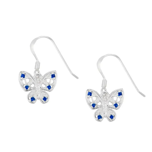 Sterling Silver Blue Sapphire Cubic Zirconia Butterfly Drop Earrings