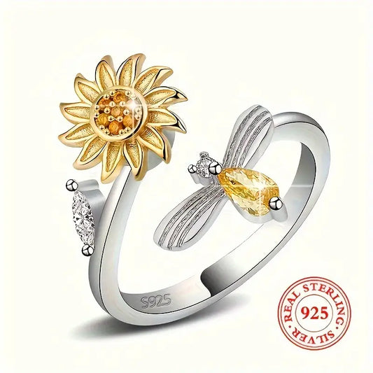 Sterling Silver Adjustable Honeybee & Sunflower Cubic Zirconia Ring