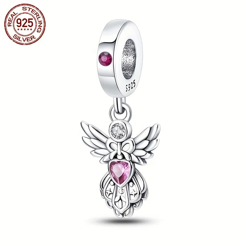 Sterling Silver Angel Wings Pink Cubic Zirconia Heart Charm