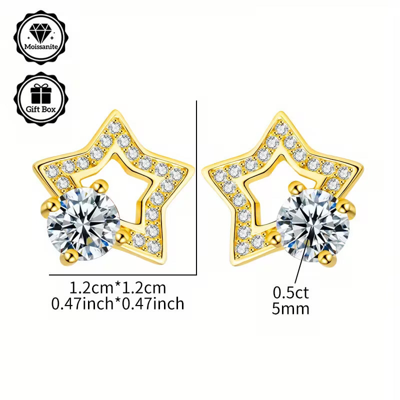 Sterling Silver Yellow Gold Plated 0.5ct White Moissanite Star Stud Earrings