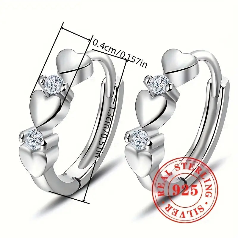 Sterling Silver Triple Heart Cubic Zirconia Hoop Earrings