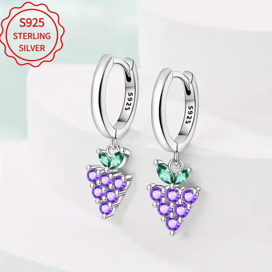 Sterling Silver Grapes Purple Cubic Zirconia Hoop Drop Earrings