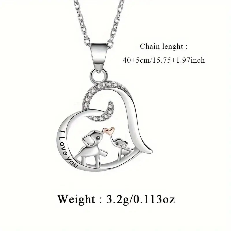 Sterling Silver Elephants 'I Love You' Cubic Zirconia Heart Pendant & Chain