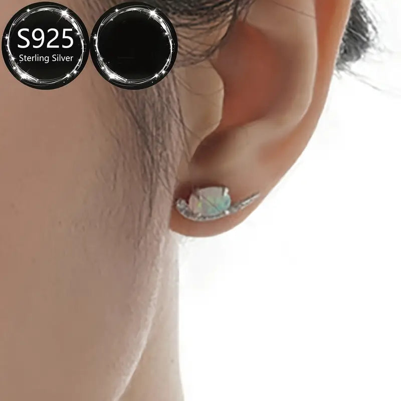 Sterling Silver Oval Opal & Cubic Zirconia Stud Earrings