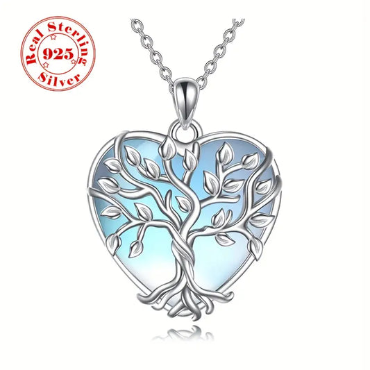 Sterling Silver Tree of Life Moonstone Heart Pendant & Chain