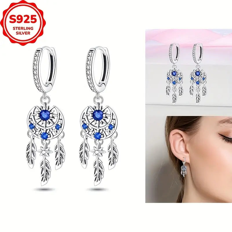 Sterling Silver Dreamcatcher Blue CZ Crescent Moon & Sun Hoop Drop Earrings
