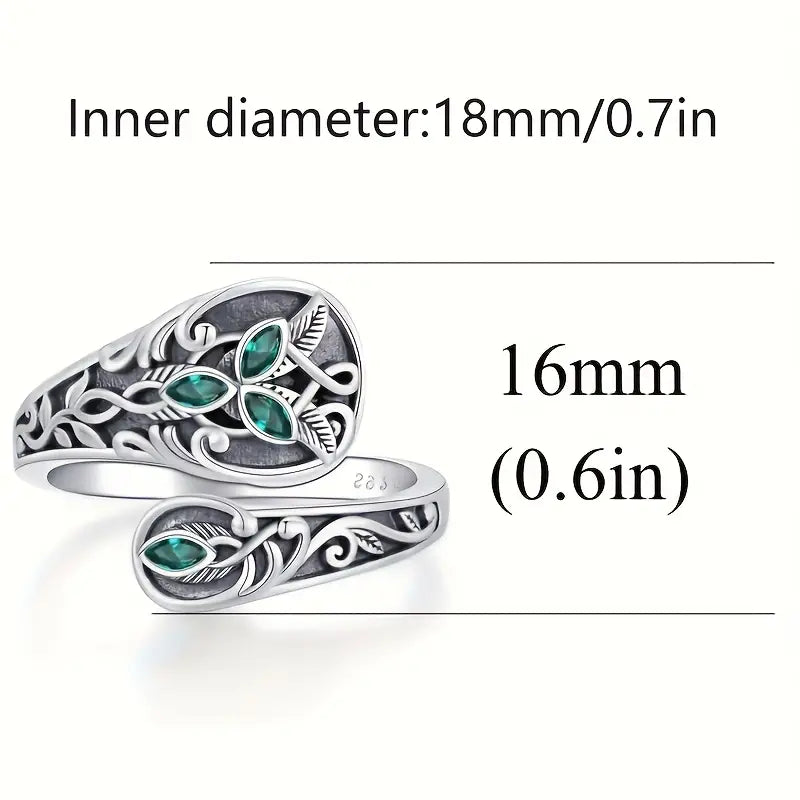 Sterling Silver Adjustable Green Cubic Zirconia Carved Patterned Unisex Ring