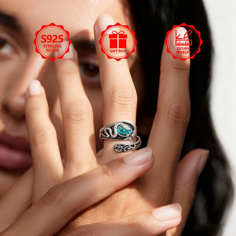 Sterling Silver Snake & Rose Oval Turquoise Ring Adjustable P-T