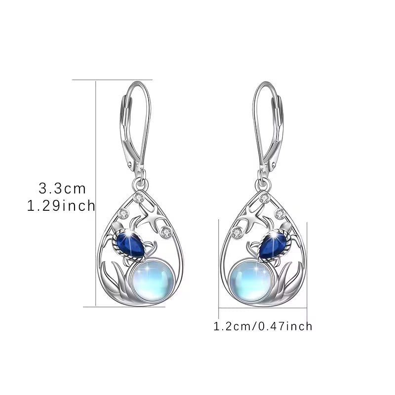 Sterling Silver Sea Turtle Moonstone & CZ Teardrop Drop Earrings
