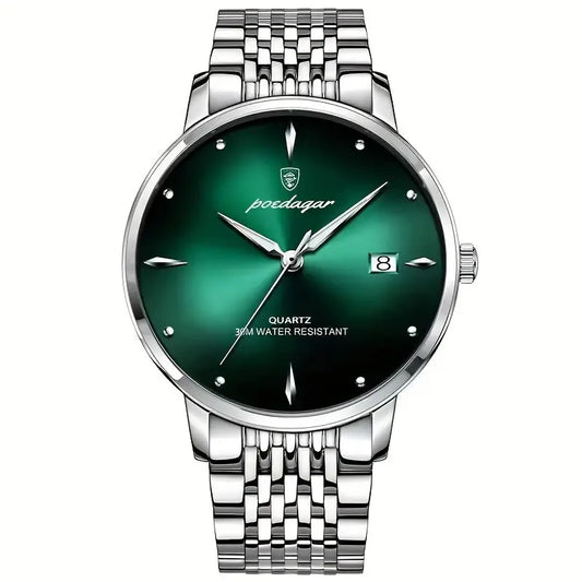 Men's Stainless Steel Green Dial Quartz Luminous Date Wrist Watch