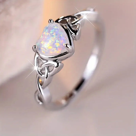 Sterling Silver Celtic Knot Opal Heart Ring Size L 1/2, N, P, R, R 1/2, or T