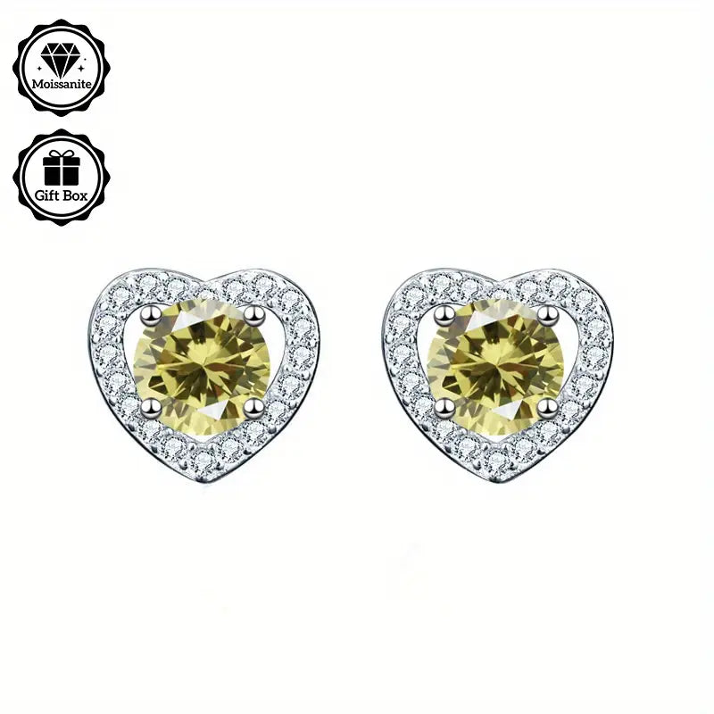 Sterling Silver 1ct Olive Green Moissanite Heart Stud Earrings