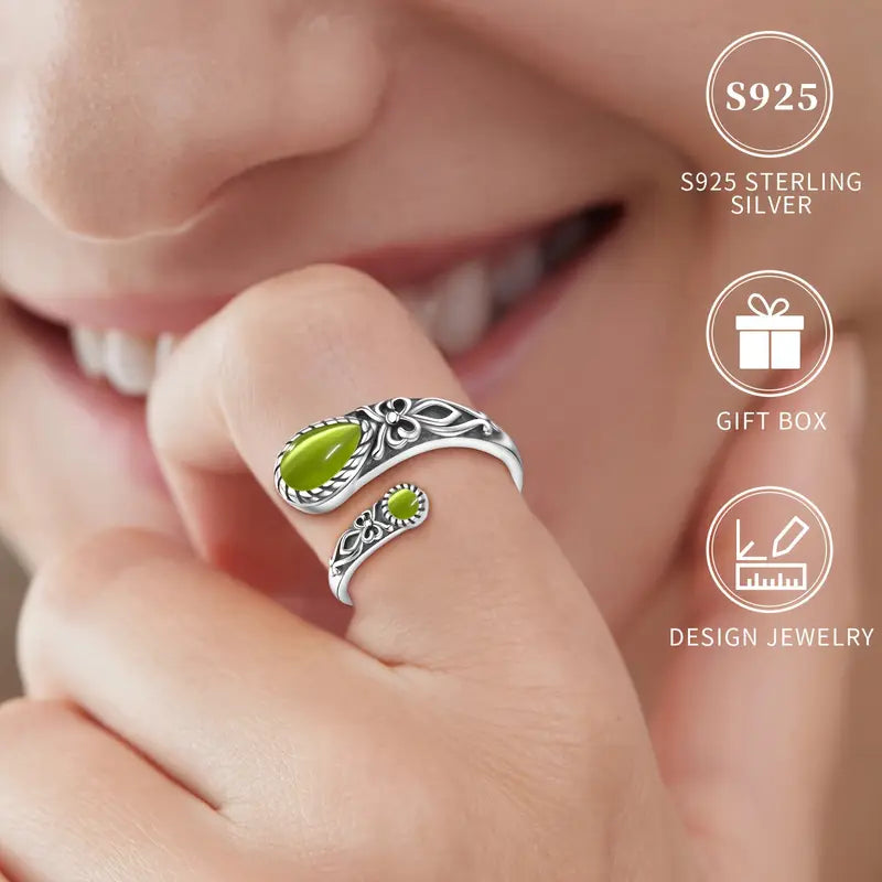 Sterling Silver Green Cats Eye Butterfly Pattern Spoon Ring Adjustable size P-T