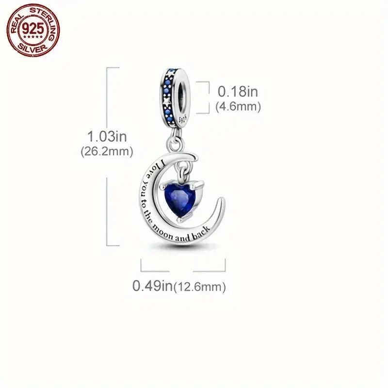 Sterling Silver Crescent Moon & Blue Cubic Zirconia Heart Bead Charm