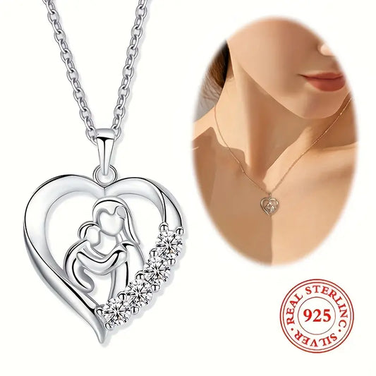 Sterling Silver Mother & Child Cubic Zirconia Heart Pendant & Chain