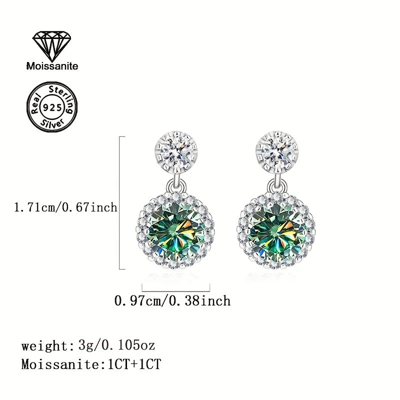 Sterling Silver 1ct Blue/Green Moissanite Stud Drop Earrings