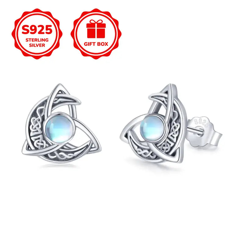 Slerling Silver Celtic Knot Crescent Moon Moonstone Stud Earrings