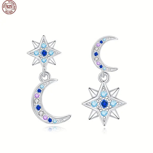 Sterling Silver Crescent Moon & Star Blue Cubic Zirconia Drop Earrings
