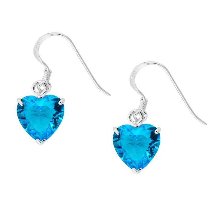 Sterling Silver Aqua Cubic Zirconia Heart Earrings