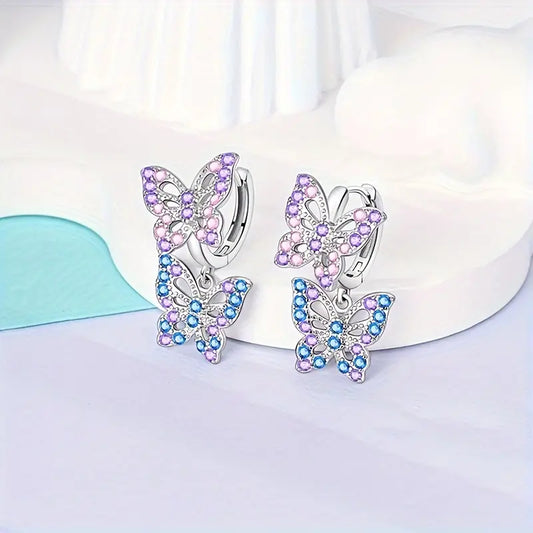 Sterling Silver Butterfly Cubic Zirconia Hoop Drop Earrings