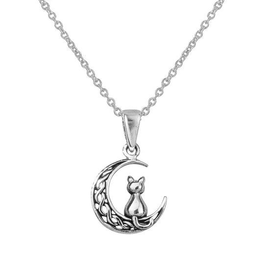 Sterling Silver Celtic Moon Cat Pendant & Chain