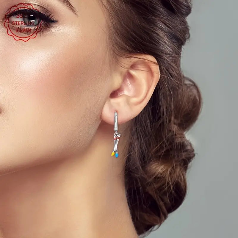 Sterling Silver Asymmetrical Paintbrush & Palette Cubic Zirconia Hoop Drop Earrings
