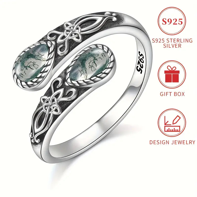 Sterling Silver Teardrop Moos Agate Celtic Knot Pattern Ring Adjustable size P-T