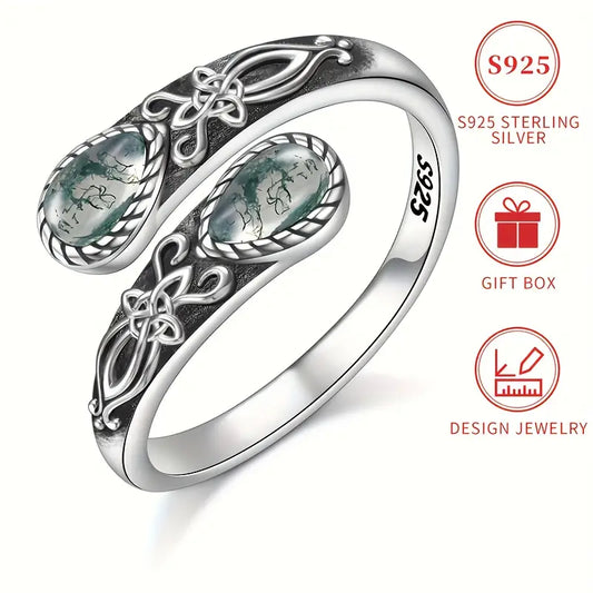 Sterling Silver Teardrop Moos Agate Celtic Knot Pattern Ring Adjustable size P-T